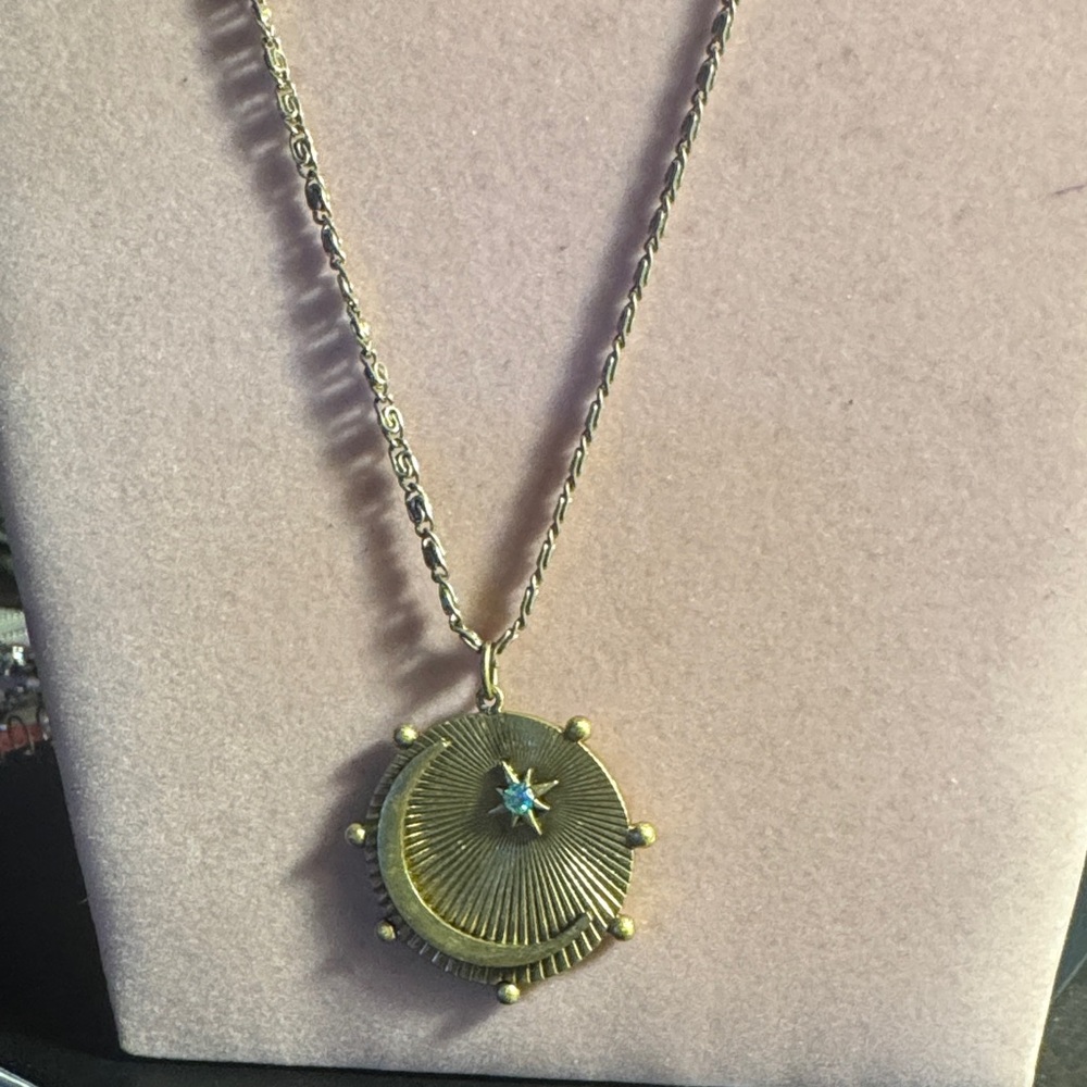 Gold Starburst Pendant with Blue Stone celestial Themed with pendant 13” Long